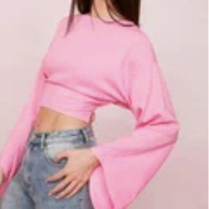 Pink Wide Sleeve High Neck Tie Waist Crop Top